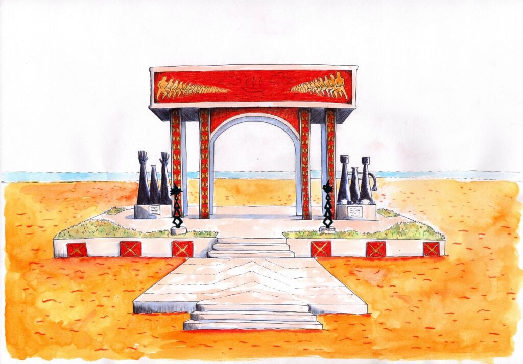 Hannah Franjou - Artiste peintre et illustratrice moderne. Dessin coloré d'une arche en bord de mer avec sculptures et ambiance artistique.