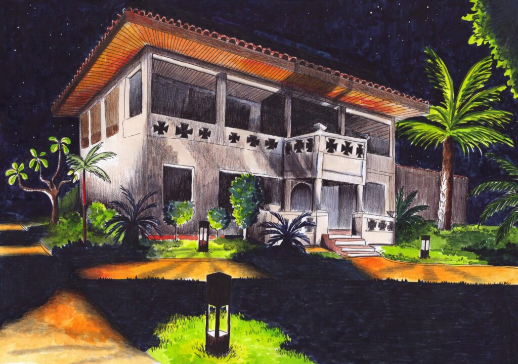 Maison moderne illuminée la nuit avec végétation tropicale, illustration artistique. Maison lumineuse, ambiance tropicale nocturne avec jardin luxuriant.