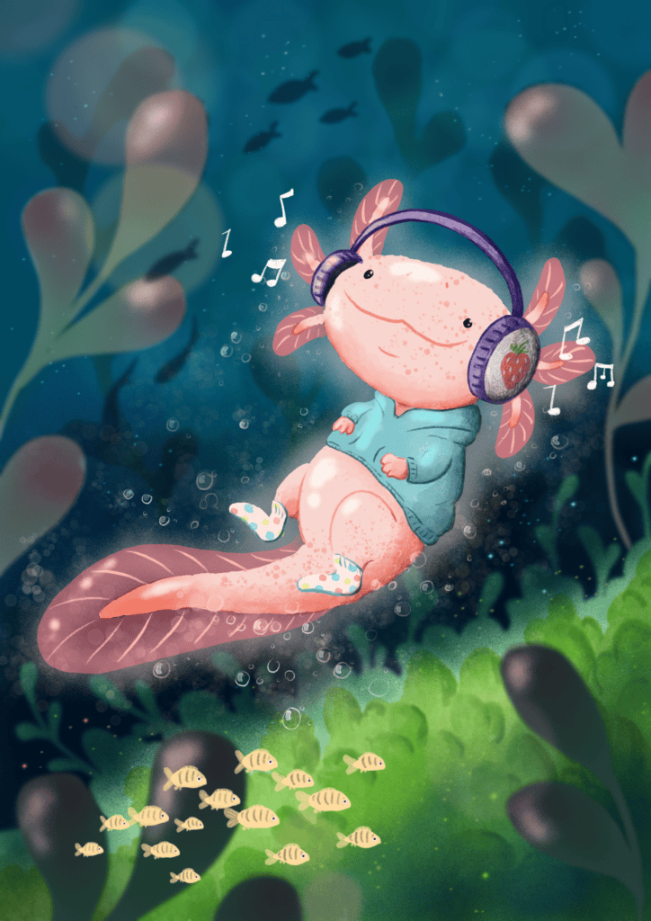 Aqua créature mignonne avec écouteurs, nageant sous l'eau, musique et ambiance apaisante, illustration adorable pour enfants. Hippocampe illustré sous l'eau, portant des écouteurs et une veste, entouré de poissons et de végétation marine.