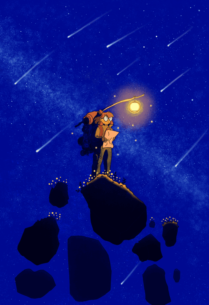 Étoiles filantes et rêveur rooftop. Jeune fille avec lampe de poche regarde le ciel étoilé, constellation et étoiles filantes, aventure nocturne, ambiance paisible.