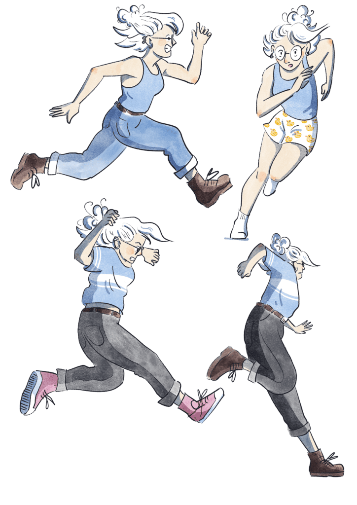 Planche de personnage en mouvement, illustration dynamique de femme active et expressive. Illustration, recherche de personnage de femme en mouvement, exprimant énergie et dynamisme.