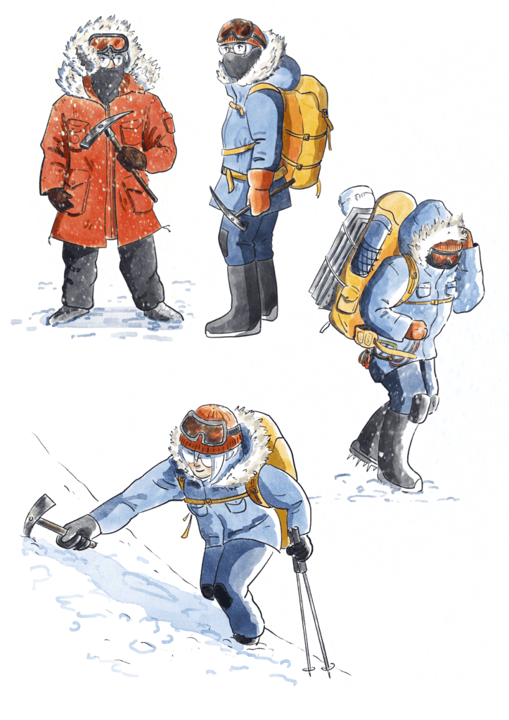 Montagne enneigée avec alpinistes équipement hiver. Alpinistes en tenue d'hiver, équipés de piolets et sacs à dos dans un paysage enneigé pour randonnée en montagne.