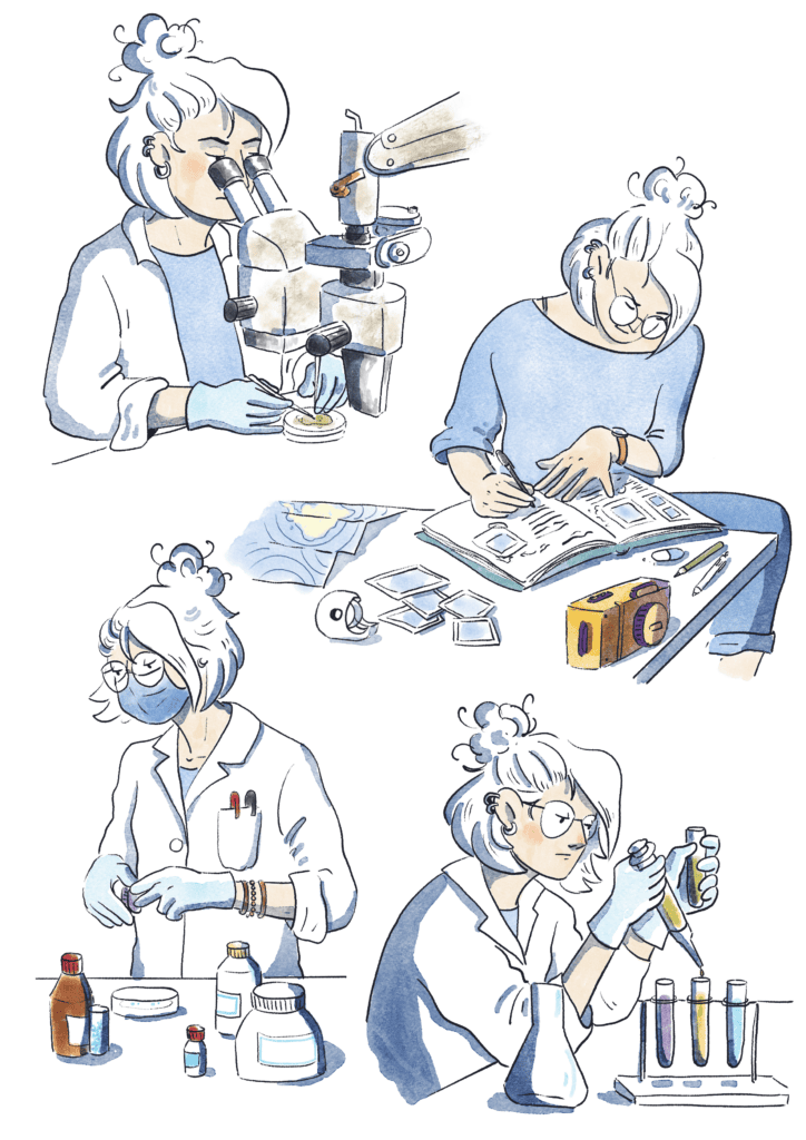 Femme chercheuse en biologie Femme, microscope, pipette et expériences en laboratoire, recherche biomédicale et scientifique.