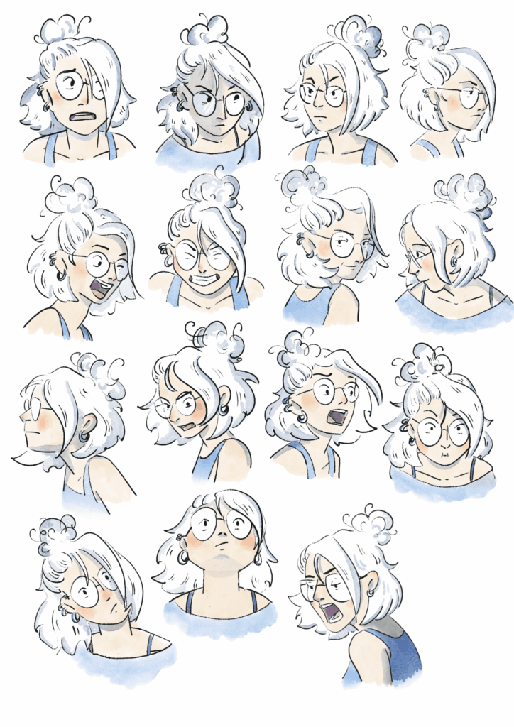 Explication de l'image d’une femme avec différentes expressions faciales, illustrée dans un style artistique, évoquant la créativité et l’émotion.