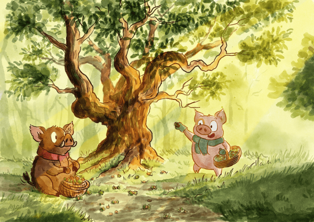 Illustration- Récolte des chataignes avec les cochons, réalisée par Hannah FRANJOU Sanglier et cochon dans un paysage forestier, récoltant des châtaignes sous un arbre feuillu.