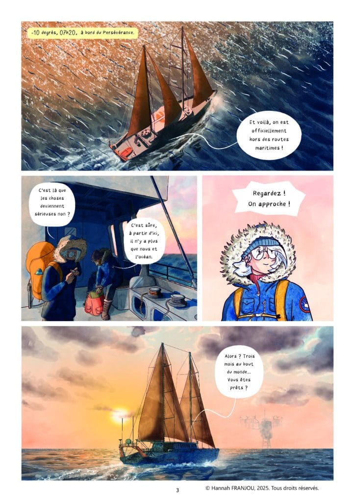 Navigation dans l'arctique. Voilier en mer avec deux aventuriers, météo dramatique, horizon marin.