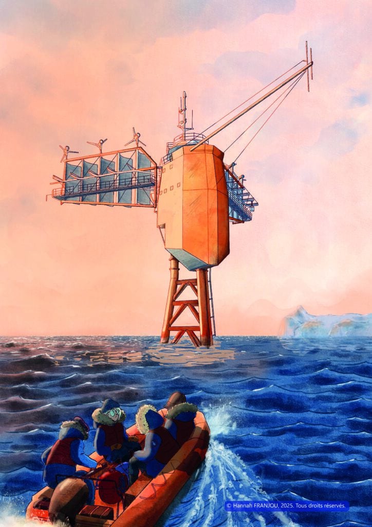 Navire à la vertical maritime en Arctique. Panneau solaire et station de recherche en mer arctique.