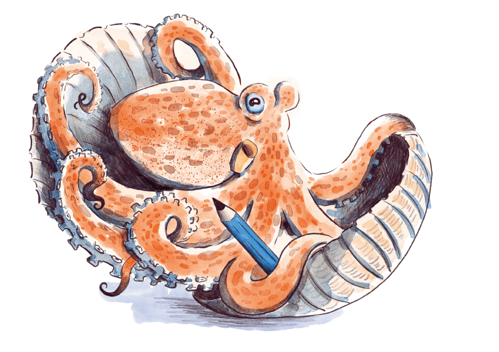 Illustration-Poulpe au crayon, réalisé par Hannah FRANJOU Illustration d'un poulpe dessinée à l'aquarelle avec crayon, artistique et créative.